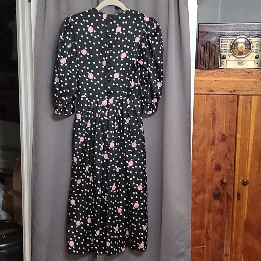VTG‎ Petite Lanz USA Dress Black W/White Polka-dots/Pink Roses Pockets Sz 2 READ